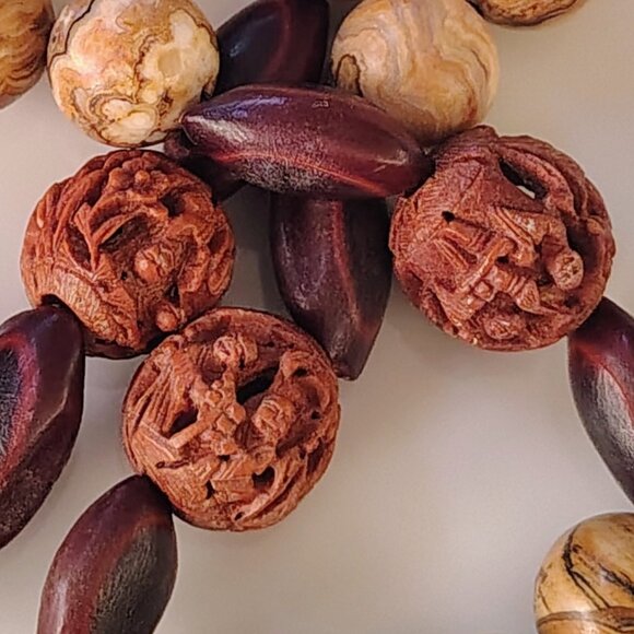 VTG 70s Chinese Asian Carved Wood Symbol Stone Beaded Rare Artisan Necklace - Picture 3 of 7